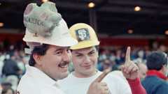 Rene Gonzalez (left) of Fresno, Calif, has a chunk of concrete from Candlestick Park
