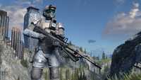 A UNSC marine sniper stands guard; a deactivated Guardian is in the distance.