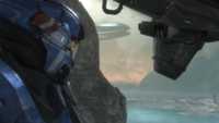 Carter in a Falcon, looking at a Covenant corvette.