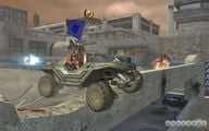 A Warthog driving off the overpass.