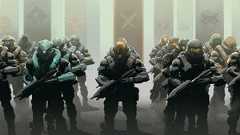 Illustration of Spartans lined up clad in armour.