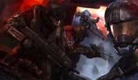 Carter with Noble Six and Jun-A266 onboard a Falcon on the EDGE Magazine cover for Halo: Reach.