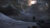 Noble Six looks at the wreckage of the Long Night of Solace.
