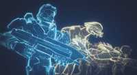 Spartan-IVs and Sangheili in the War Games simulator aboard Anvil Station in Halo Online.