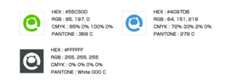 色はグリーンの場合、HEXは#55C500、RGBは85, 197, 0、CMYKは65% 0% 100% 0%、PANTONEは368 Cを使用してください。ブルーの場合、HEXは#4097DB、RGBは64, 151, 219、CMYKは72% 33% 2% 0%、PANTONEは279 Cを使用してください。ホワイトの場合、HEXは#FFFFFF, RGBは255, 255, 255、CMYKは0% 0% 0% 0%、PANTONEはWhite 000 Cを使用してください。