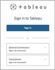 The Tableau sign-in landing page with separate options for general contractors and consultants to sign in.