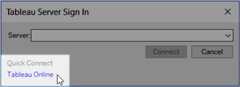 A Tableau Server sign-in window with fields for server address, username, and password. The Quick Connect dropdown menu is open and the server address is highlighted.