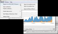A Tableau Server menu displaying options to open a workbook, publish data, sign out, and more. The menu also shows the user's current login status.