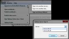 A window displays a user signed in to a Tableau server, offering the options to sign in to another server or to sign out.