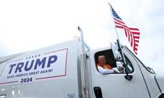 Trump trolls Harris and Biden by riding a GARBAGE TRUCK to his Wisconsin rally