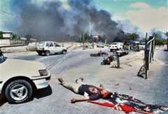 A man gunned down during the May 12, 2007 violence in Karachi. He was hit by a full-on burst of an AK-47.