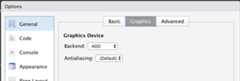 A screenshot showing the RStudio Global Options window with focus on the General pane and the Graphics tab. Here it shows AGG is selected as Backend in order to tell RStudio to use ragg