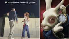 An example of the "white rabbit got me" meme, left, and the white rabbit with a clock meme, right.