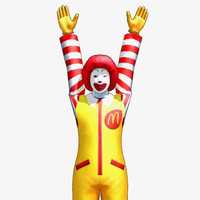 McDonald's "Ran Ran Ru" Commercials showing Ronald McDonald with his arms reached upward.