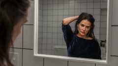 Demi Moore looking at the mirror in a scene from The Substance.