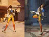 Overwatch's character Tracer in her beta version victory pose and the final version