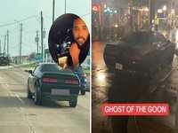 The Ghost of The Goon / Goonmobile meme examples depicting two pictures of a black Dodge Challenger car.