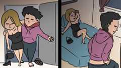 two panels from a comic of a couple entering a home and beginning to undress