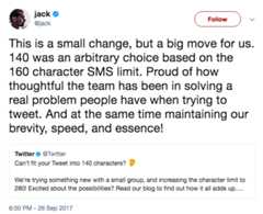 Tweet explaining that character limit will be raised from 140 to 280 Tweet explaining that character limit will be raised from 140 to 280