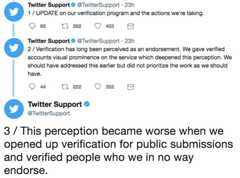 Twitter update Twitter Support@TwitterSupport 23h 1/ UPDATE on our verification program and the actions we're taking. 92 t 282 403 Twitter Support@TwitterSupport 23h 2 / Verification has long been perceived as an endorsement. We gave verified accounts visual prominence on the service which deepened this perception. We should have addressed this earlier but did not prioritize the work as we should have 44 t 222 352 Twitter Support @TwitterSupport 3 / This perception became worse when we opened up verification for public submissions and verified people who we in no way endorse