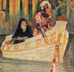 Arthur, in Merlin’s company, receives a new sword after Excalibur breaks in combat in an illustration from 1921.