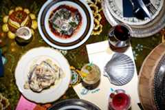 An image showing some of FET-FISK's most popular dishes: the pickled mackerel, grilled caesar salad, our filthy martini which uses dulse seaweed+castelvetrano super brine. Photo credit: Sarah LaPonte