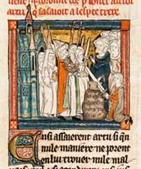 Arthur draws the sword from the stone in this 14th-century illumination