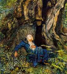 Merlin appears unconscious or asleep against a tree trunk in an illustration