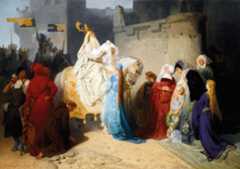 In exchange for using his magic to help lustful King Uther to seduce a nobleman’s wife, Merlin asks the monarch to give him their son, Arthur, at birth. He holds him while on top of a horse in this oil painting by Emil Johann Lauffer.