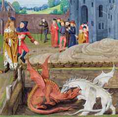 Vortigern watches the hidden dragons fight, revealed by Merlin, whose movements cause his tower to collapse in this illustration.