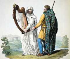 An illustration of the sixth-century bard Myrddin Wyllt holding a harp.