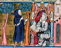 In a 13th-century miniature, Merlin relates his tales and deeds to the clergyman Blaise, his teacher and his mother’s confessor, on the left.