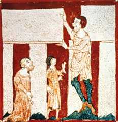 A 13th-century miniature of Merlin at Stonehenge. He is believed to have brought the rocks from Ireland.