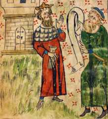 King Pendragon is listening to the wizard in this 14th-century miniature