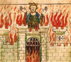 Vortigern perishes in his fiery tower in a 14th-century miniature