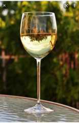 a glass of white wine sitting on top of a table next to some bushes and trees