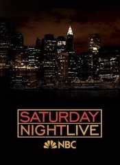 the logo for nbc's saturday night live is shown in front of a cityscape