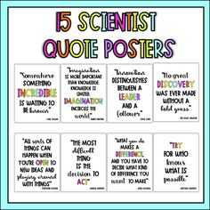 five different posters with the words 5 scientist quote posters on each one, which are also in