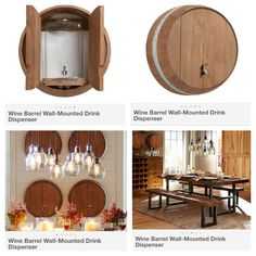 wine barrel mounted drink dispenser and table with drinks on it, surrounded by wooden barrels