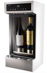 two bottles of wine are sitting in a cabinet