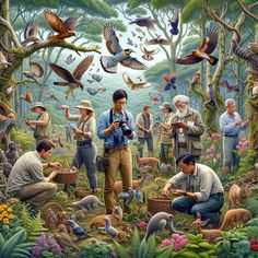 a group of people in the woods with birds
