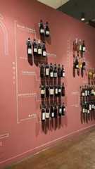 a wall with wine bottles hanging from it's sides and labels on the walls