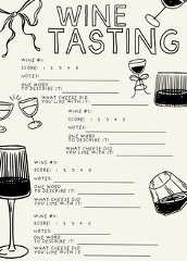 the wine tasting game is shown with glasses and bottles in black and white ink on a beige background