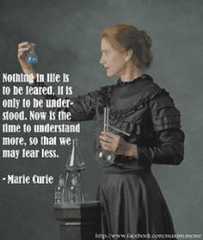 a woman holding a beakle in her right hand with a quote from marie curie on it