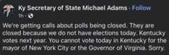 r/Kentucky - FYI, polls are closed today because we don’t have an election this year.