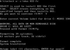 Screenshot of MS-DOS 3.3 SELECT installing to a hard drive