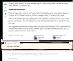 mockup: saved post showing (circled): which list it is in, and the private note below