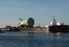 HII’s Newport News Shipbuilding division has delivered the first Columbia-class ballistic missile submarine stern to General Dynamics Electric Boat (Photo by Ashley Cowan/HII)