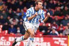 Marcus Stewart celebrates scoring a goal for Huddersfield Town back in January 2000.