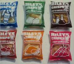 Packets of six different flavoured crisps made by Riley's Potato Crisps at their factory in Colin Road, Scunthorpe, c.late 1970's